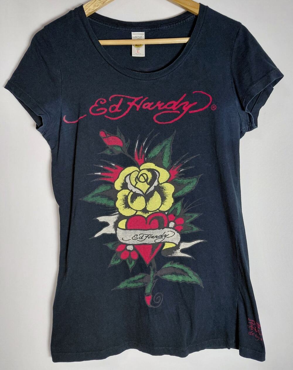 Ed Hardy Graphic Print T-Shirt Made in USA Knit Short Sleeve Women Size L